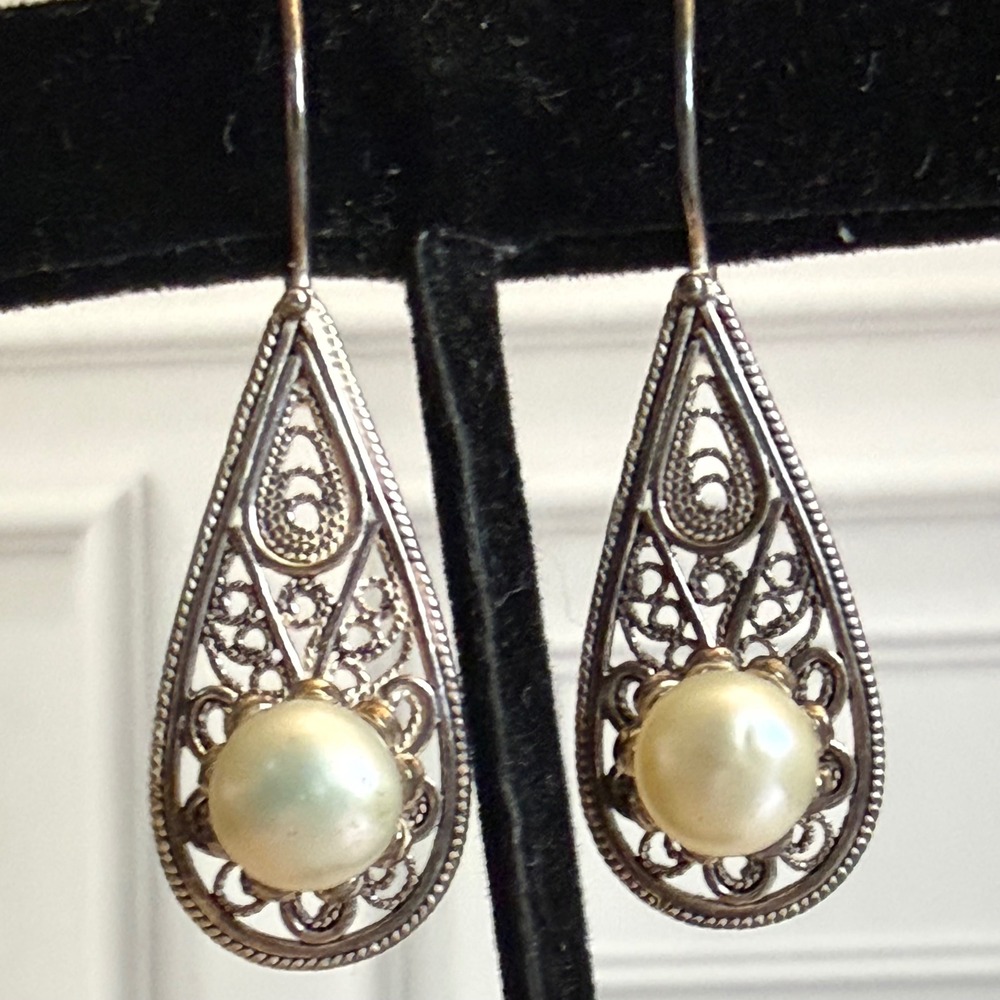 Vintage DGS Turkey 925 Sterling Silver Filigree Pearl Teardrop Dangle Earrings